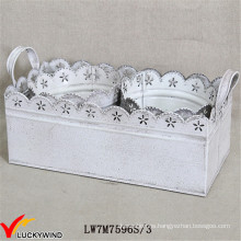 S / 3 Shabby Chic White Metal planter de hierro con bandeja